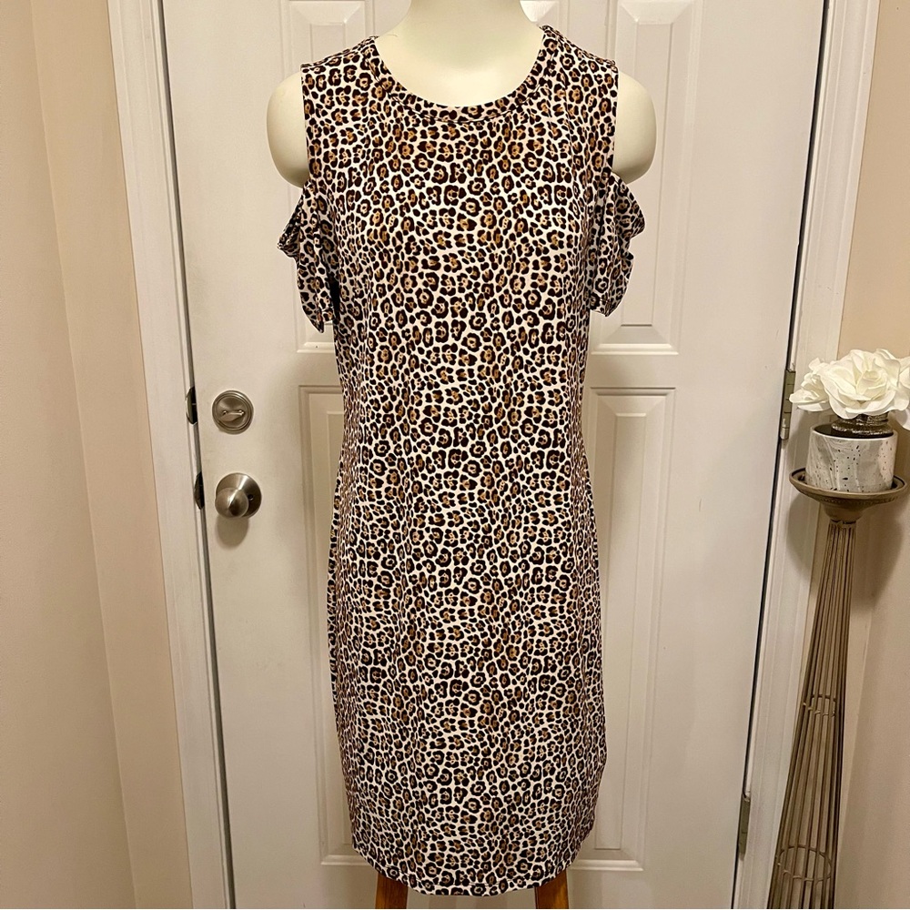 MICHAEL KORS COLD SHOULDER LEOPARD PRINT KNIT DRESS NWT